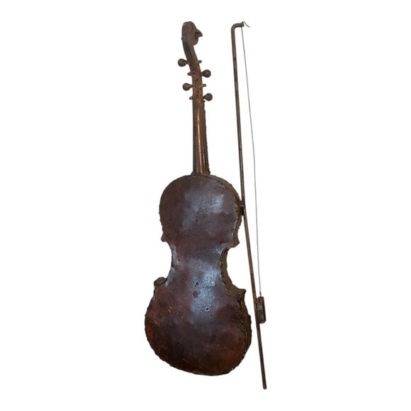 Rustic Vtg Violin Wall Art 21.5" Tall Bow Distressed Metal Design Musical Studio - Picture 2 of 9